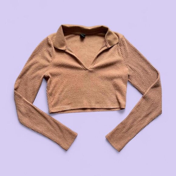 Wild Fable Light Brown Ribbed Collared Crop Top – Size M - Picture 1 of 5